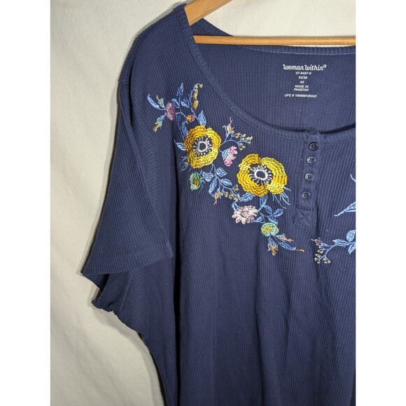 Woman Within Navy Thermal Waffle Floral Embroidered Tunic Top Sz 4X - Picture 3 of 8